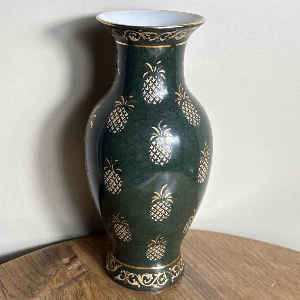 Vintage‎ Porcelain Vase Andrea By Sadek Green Raised Enamel Gold Pineapple Motif